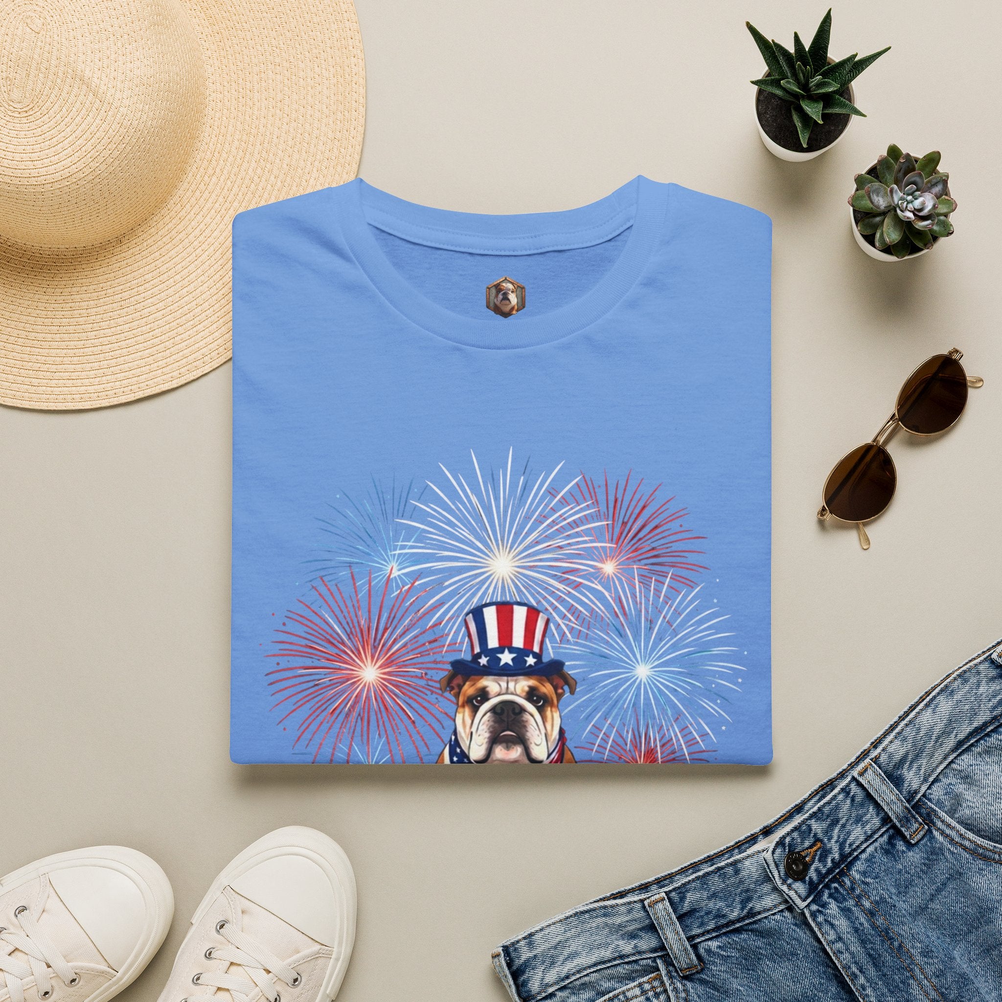All-American Good Boy Bulldog T-Shirt | Patriotic Fireworks July 4th Tee