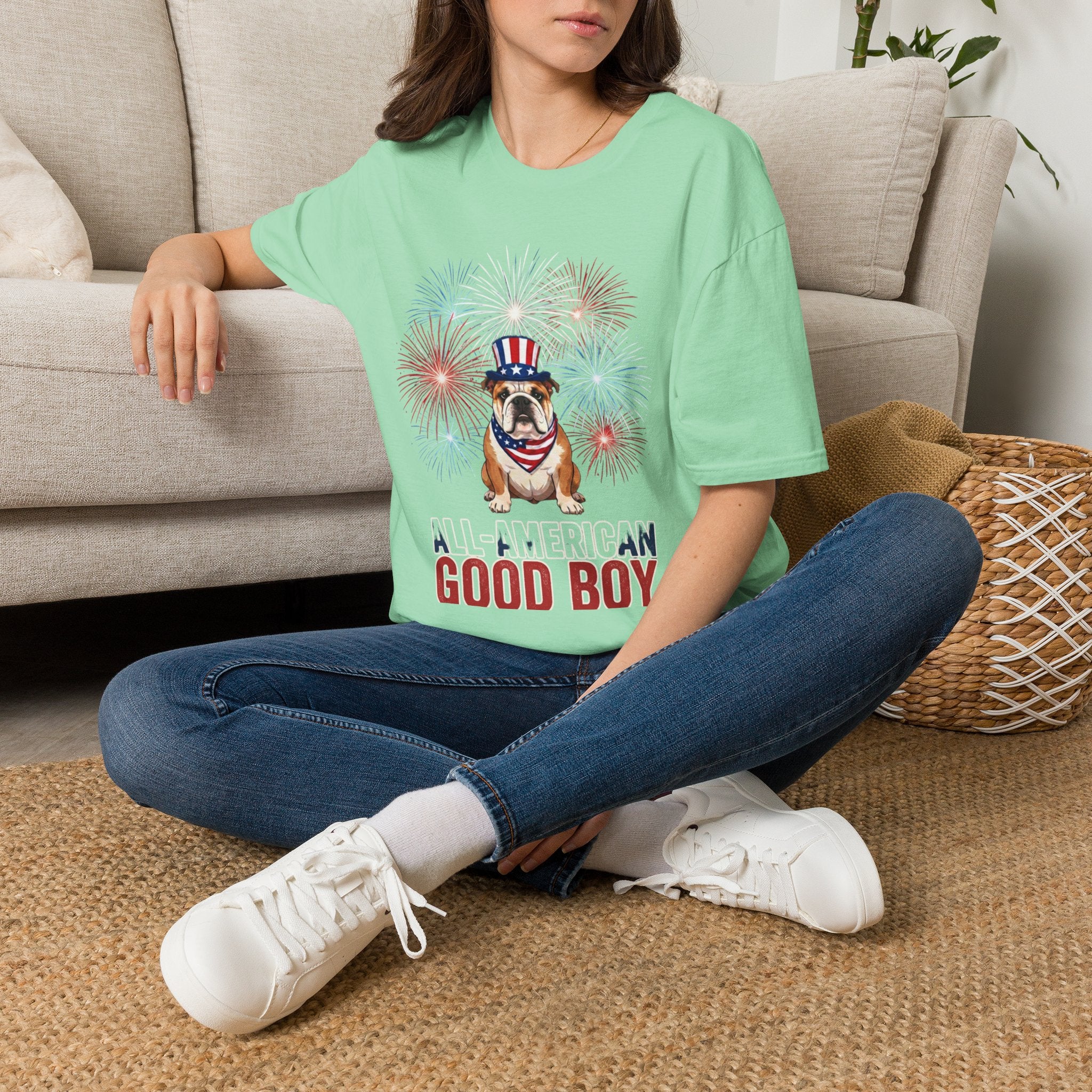 All-American Good Boy Bulldog T-Shirt | Patriotic Fireworks July 4th Tee