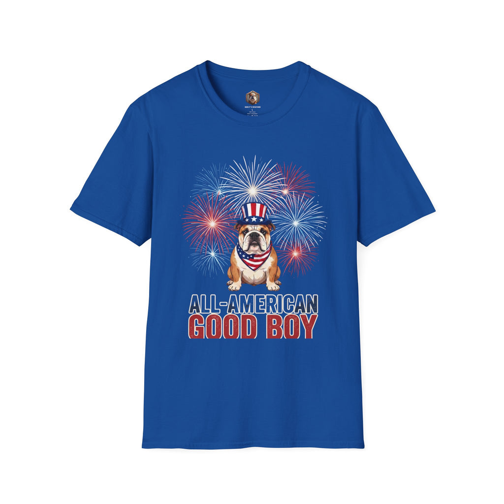 All-American Good Boy Bulldog T-Shirt | Patriotic Fireworks July 4th Tee