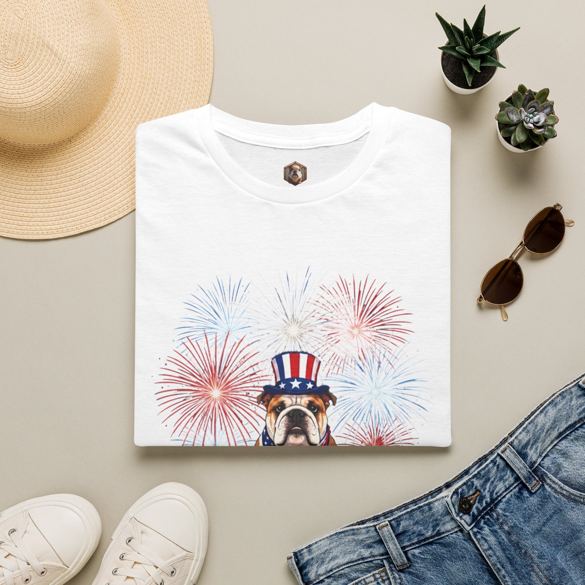 All-American Good Boy Bulldog T-Shirt | Patriotic Fireworks July 4th Tee