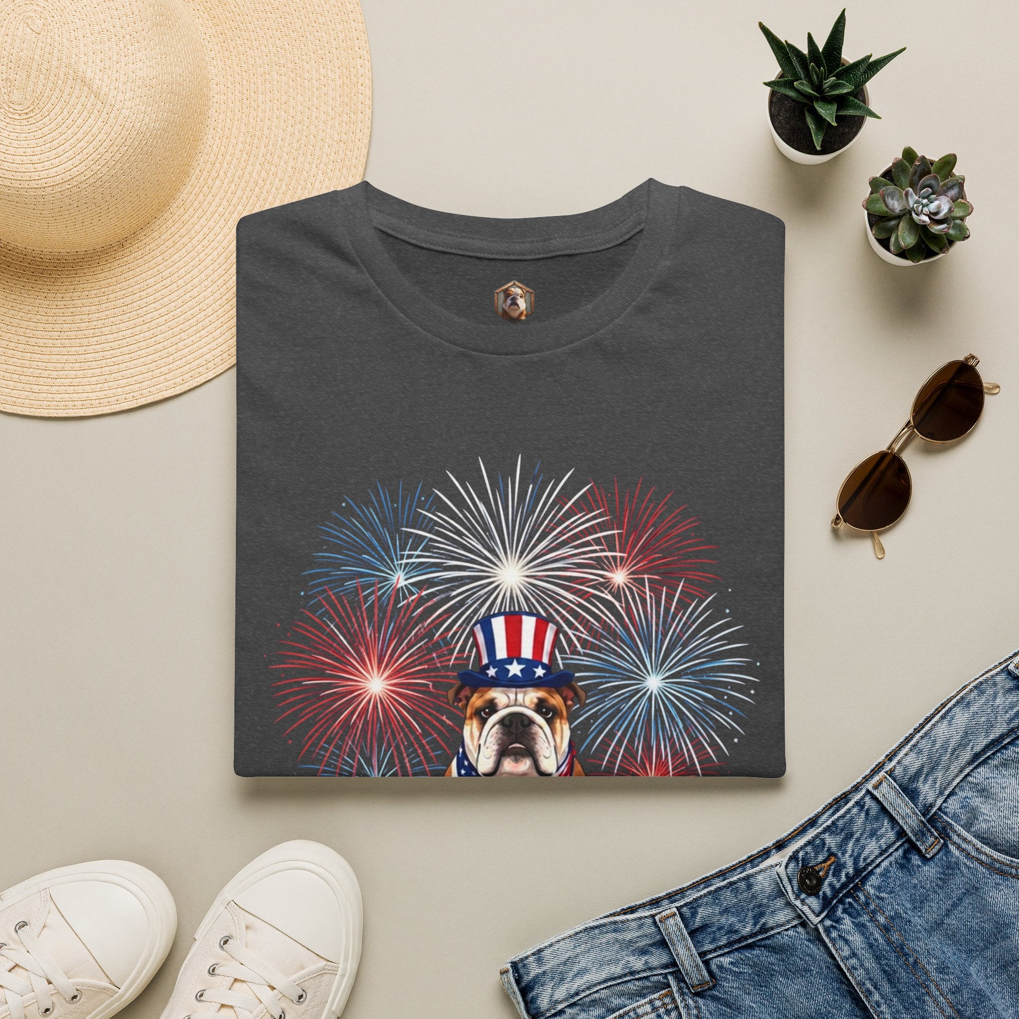All-American Good Boy Bulldog T-Shirt | Patriotic Fireworks July 4th Tee
