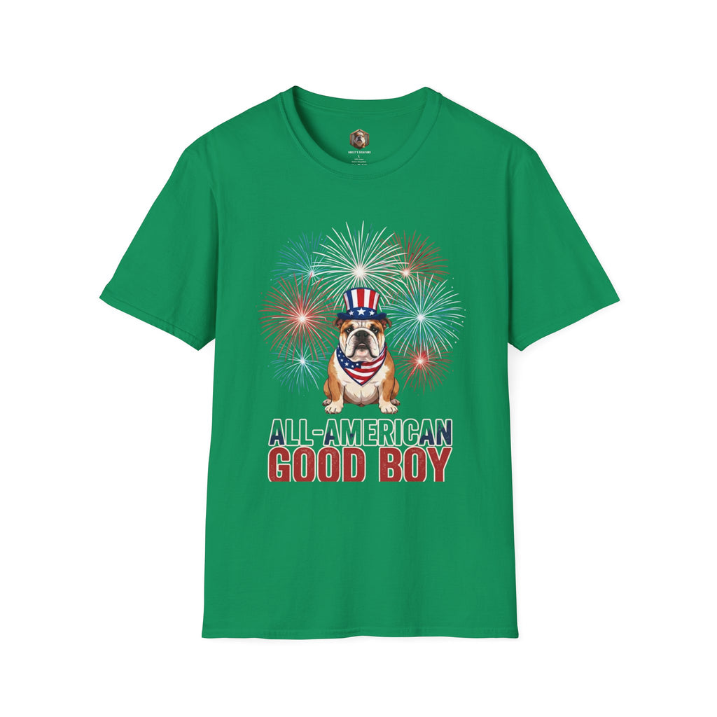 All-American Good Boy Bulldog T-Shirt | Patriotic Fireworks July 4th Tee
