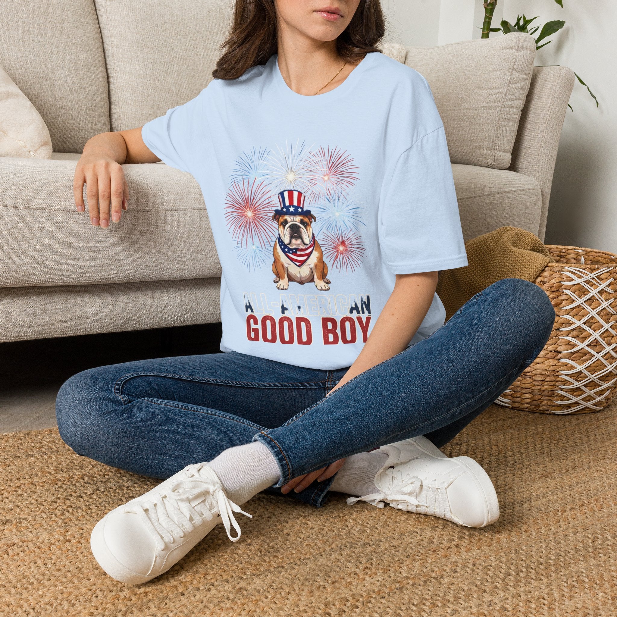 All-American Good Boy Bulldog T-Shirt | Patriotic Fireworks July 4th Tee