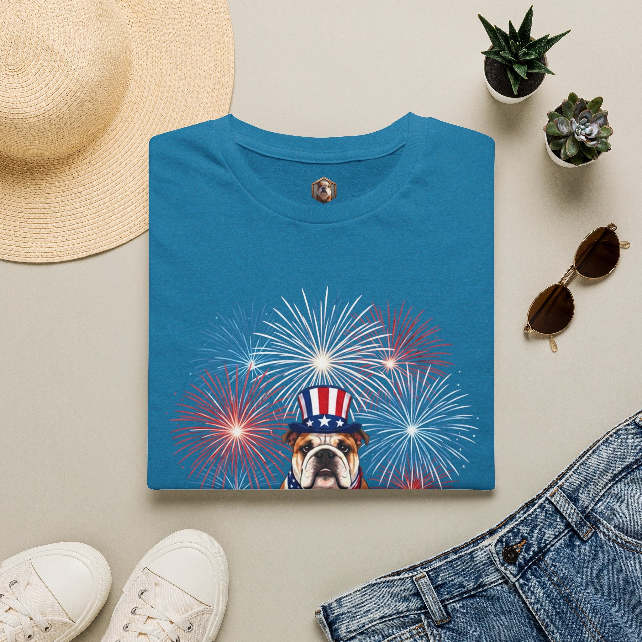 All-American Good Boy Bulldog T-Shirt | Patriotic Fireworks July 4th Tee